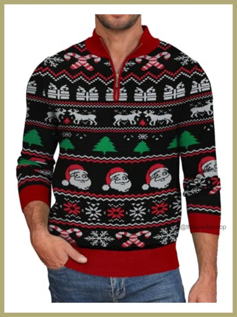 Mens Ugly Christmas Sweater Quarter Zip Mock Neck Snowflake Pullover
